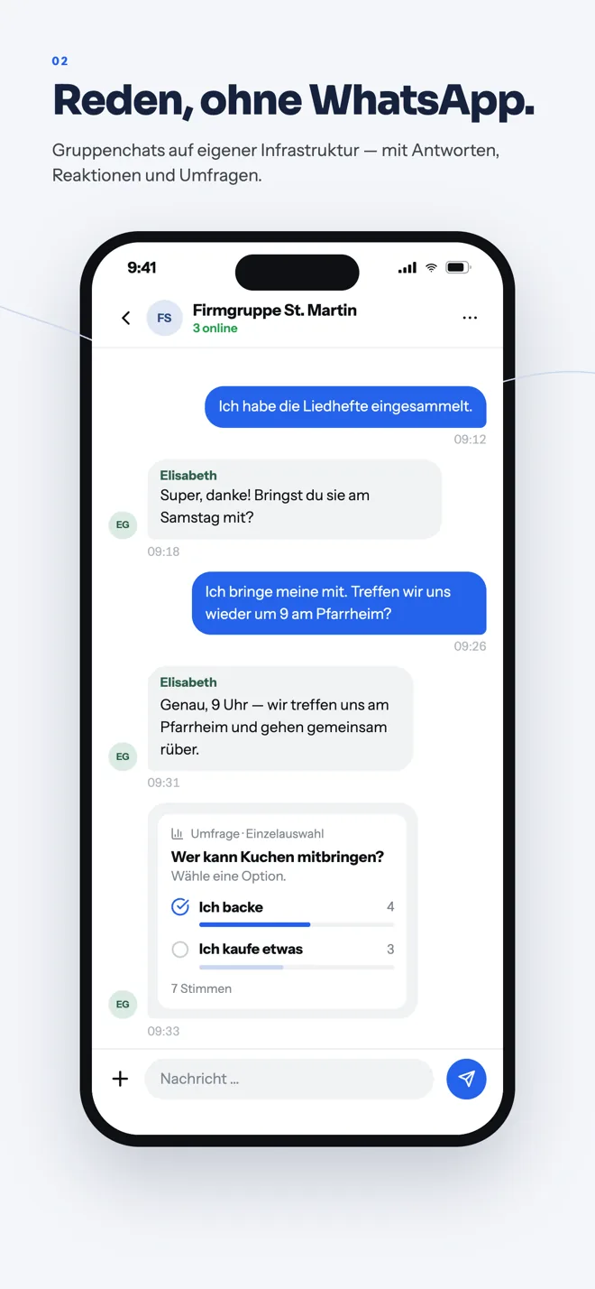 Pfario-App, Gruppenchat der Firmgruppe St. Martin mit Antworten, Reaktionen und einer Umfrage, wer Kuchen mitbringt