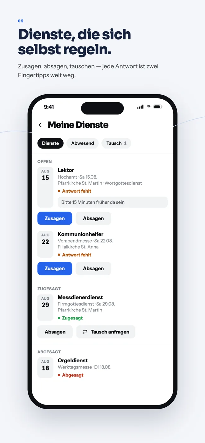 Pfario-App, Meine Dienste: offene Einteilungen als Lektor und Kommunionhelfer mit Zusagen und Absagen, zugesagter Messdienerdienst mit Tausch-Anfrage