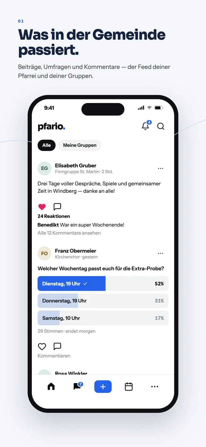 Pfario-App, Beiträge-Feed: Beiträge, Umfragen und Kommentare aus der Pfarrei und den eigenen Gruppen, darunter eine Umfrage zum Probentermin des Kirchenchors
