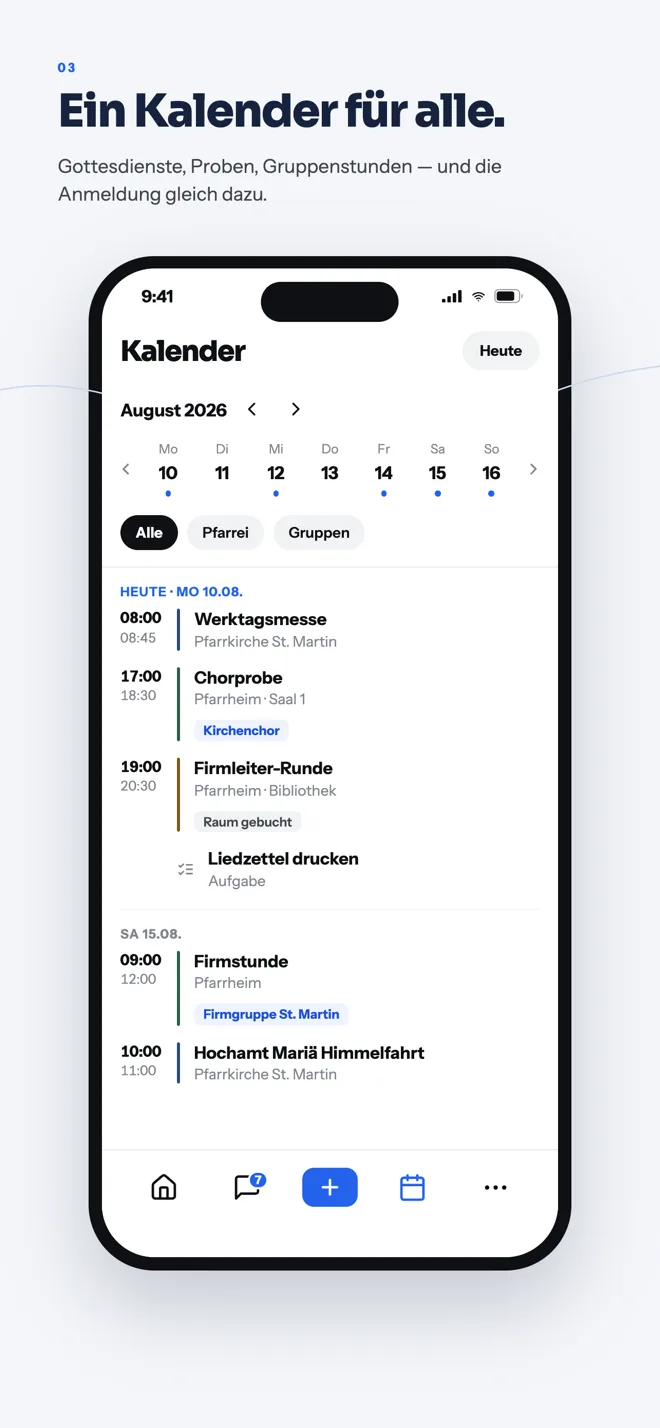 Pfario-App, Kalender: Werktagsmesse, Chorprobe, Firmleiter-Runde mit gebuchtem Raum und Hochamt, filterbar nach Pfarrei und Gruppen