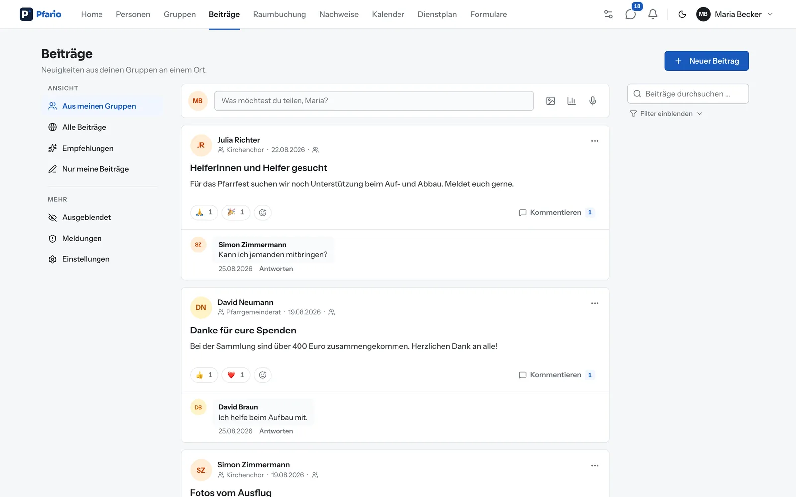 Pfario für die Gemeinde: der Beiträge-Feed mit Ankündigungen, Bildern und Reaktionen