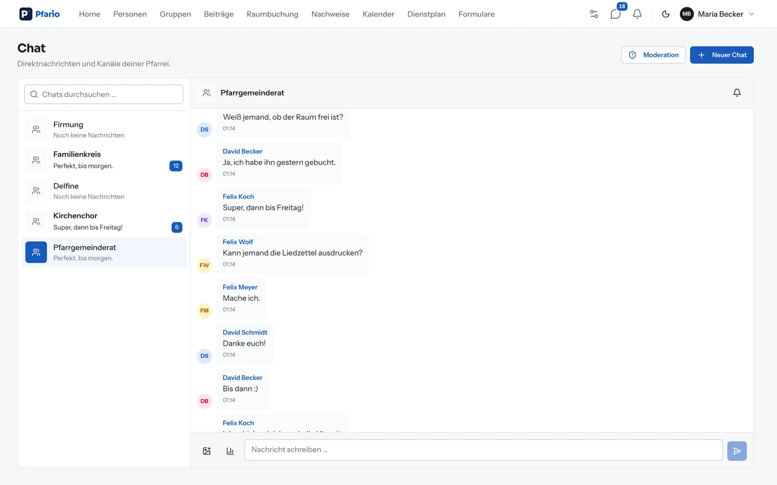 Gruppenkanal im pfarreieigenen Messenger mit Umfrage und Moderationshinweis